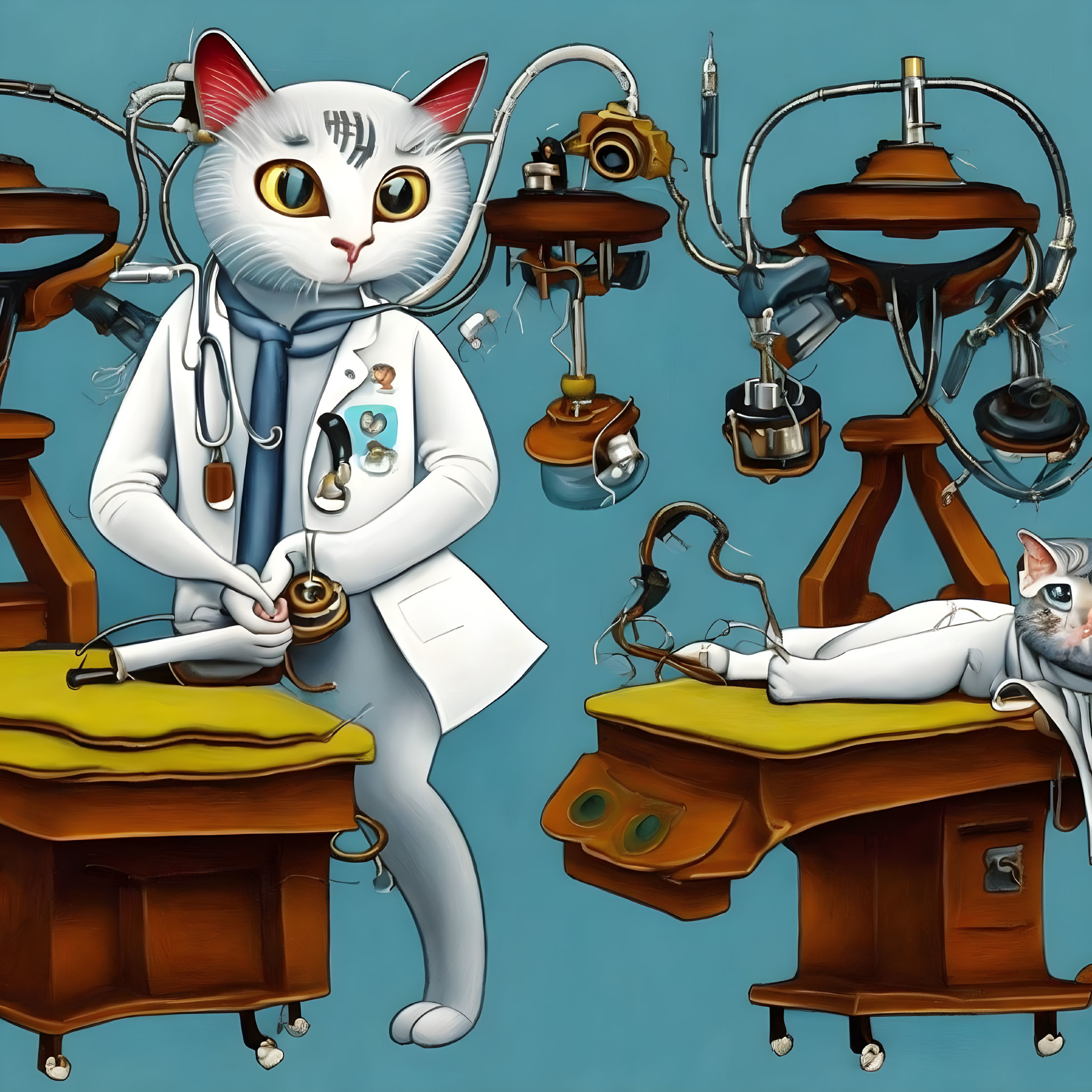 Anthropomorphic cat doctor treats patient cat on operating table