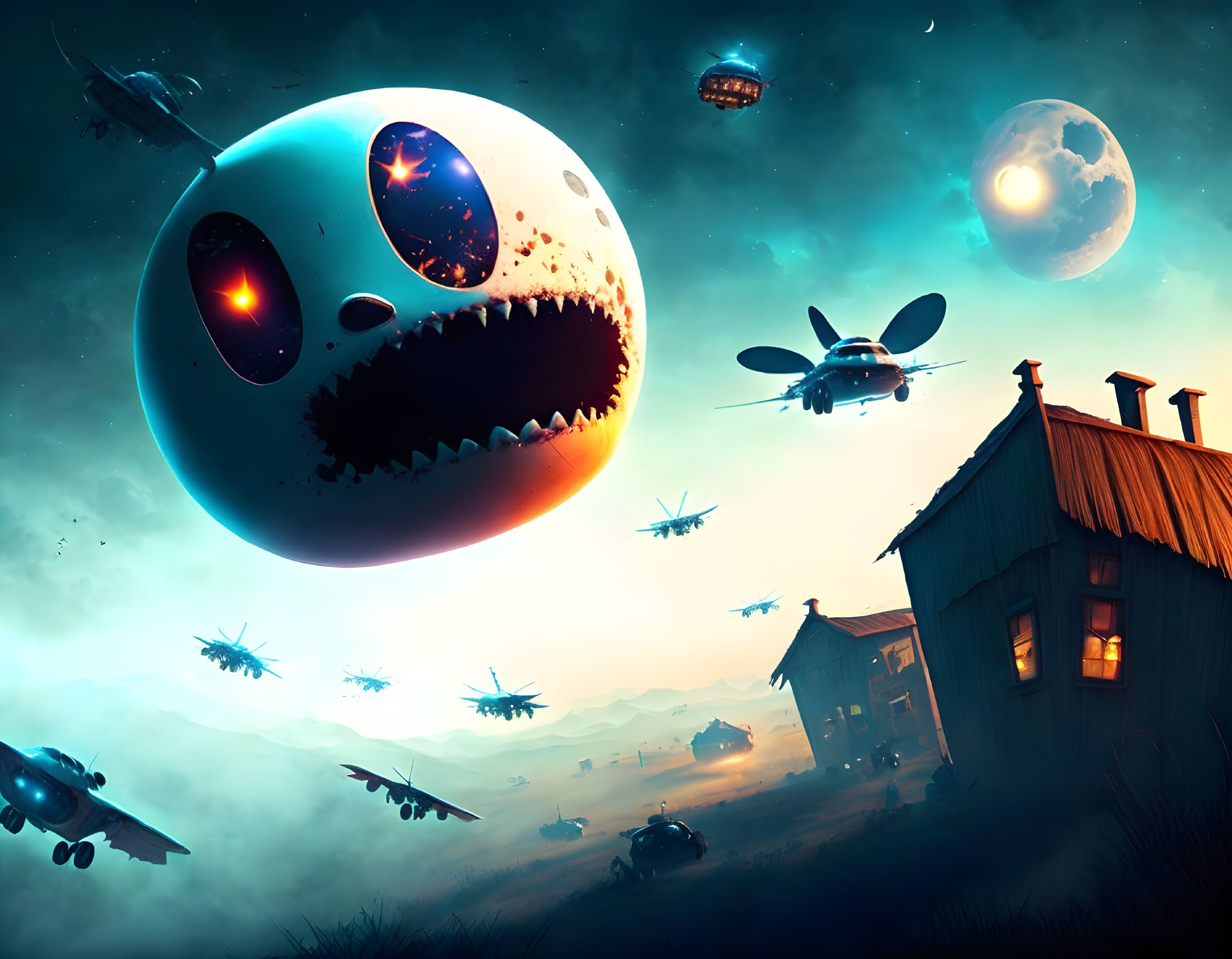 Surreal Moon Artwork with Monstrous Features and Multiple Moons