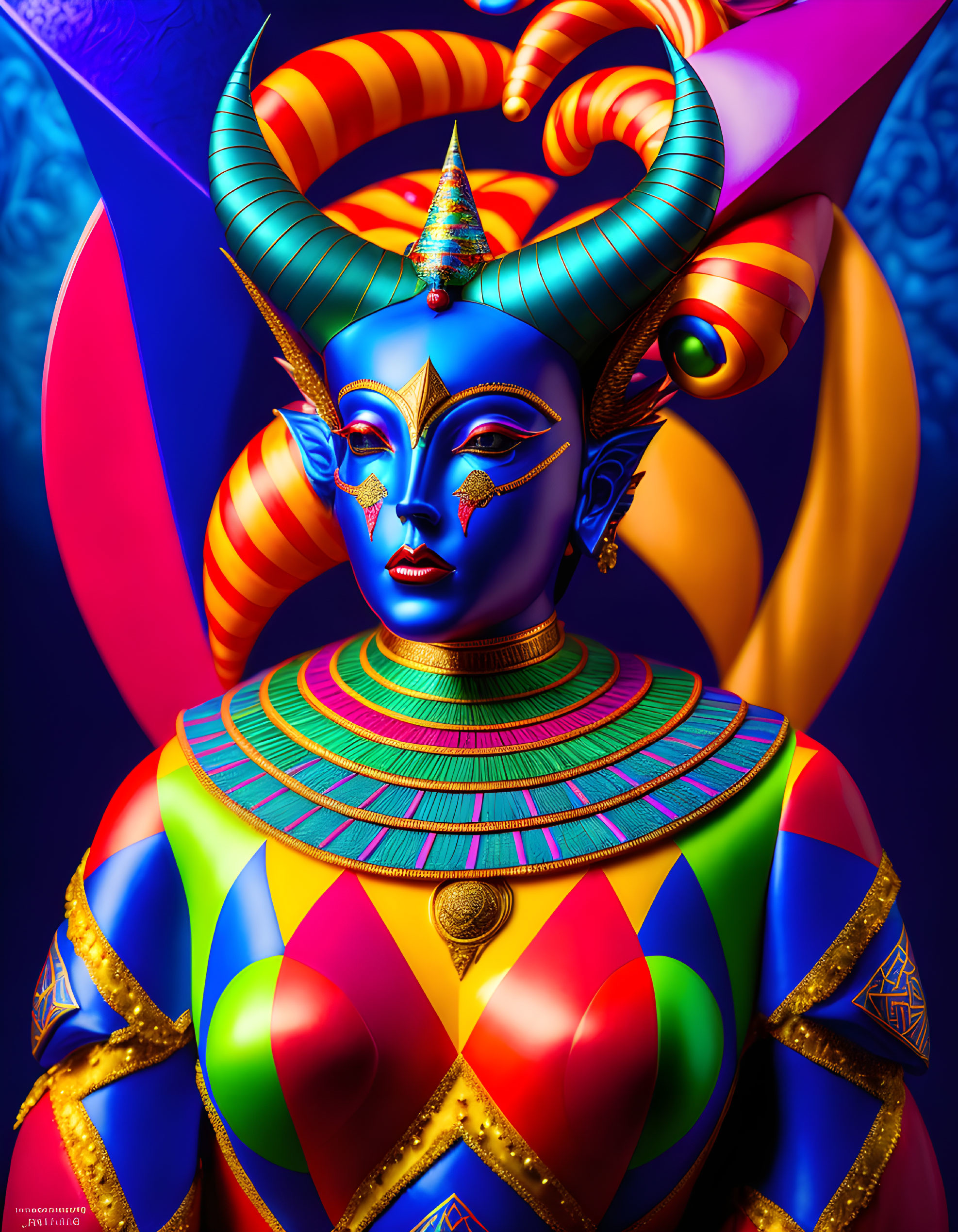 Colorful surreal digital artwork: humanoid figure with horns in Egyptian-style regalia and blue face