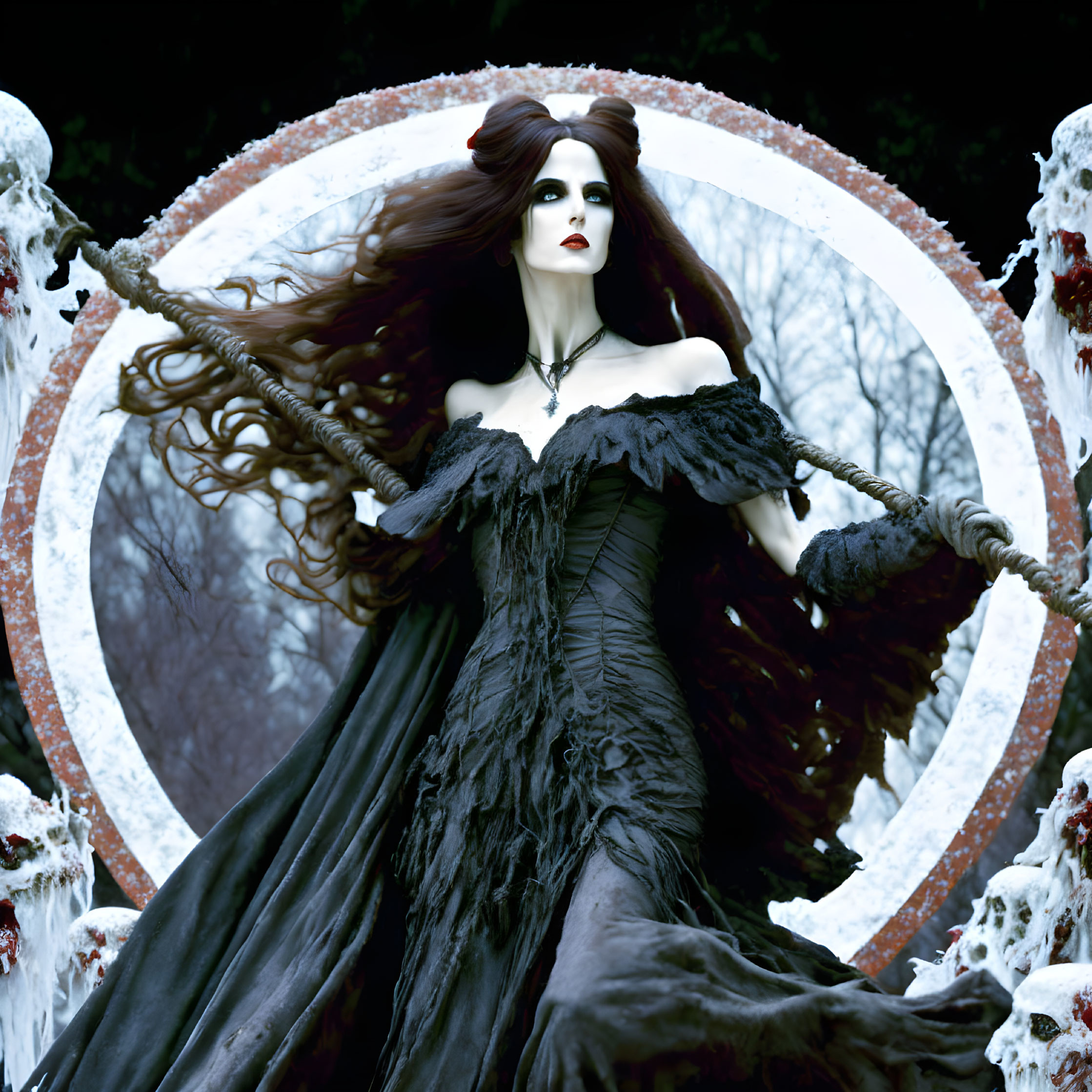 Gothic woman in black dress with flowing hair in front of ornate circular background