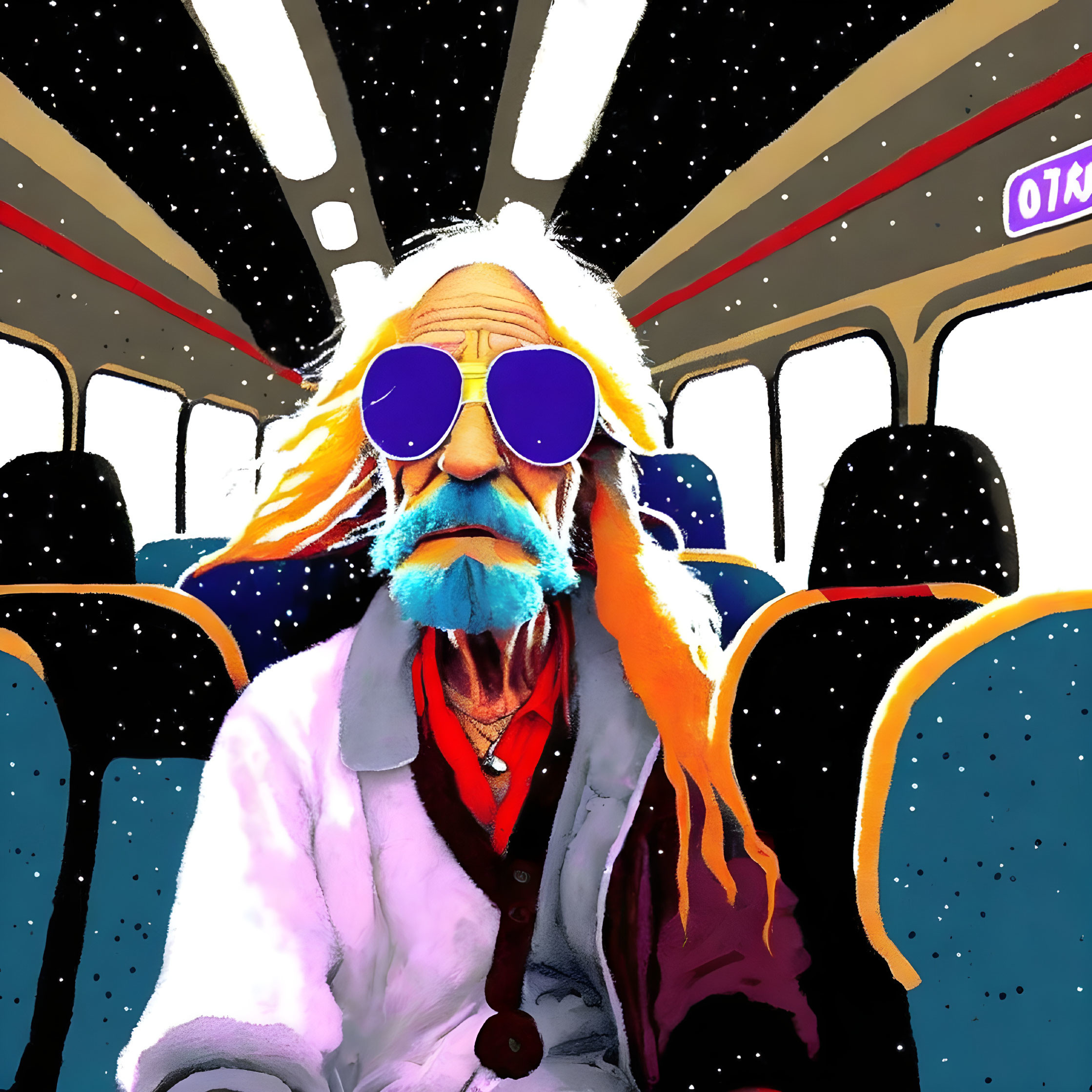 Elderly male cartoon character with long beard and round sunglasses on bus