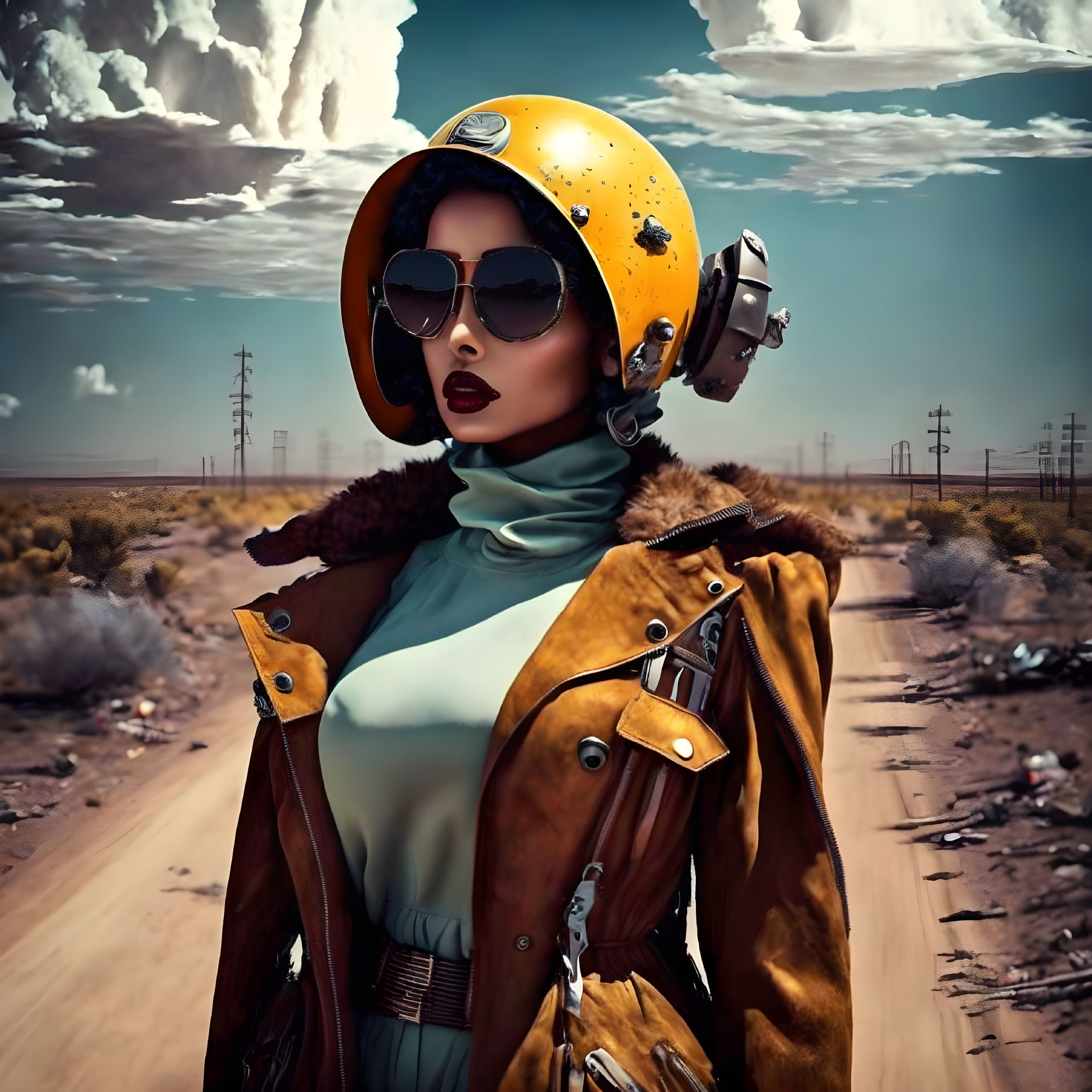 Woman in stylish helmet and sunglasses on deserted road under dramatic clouds