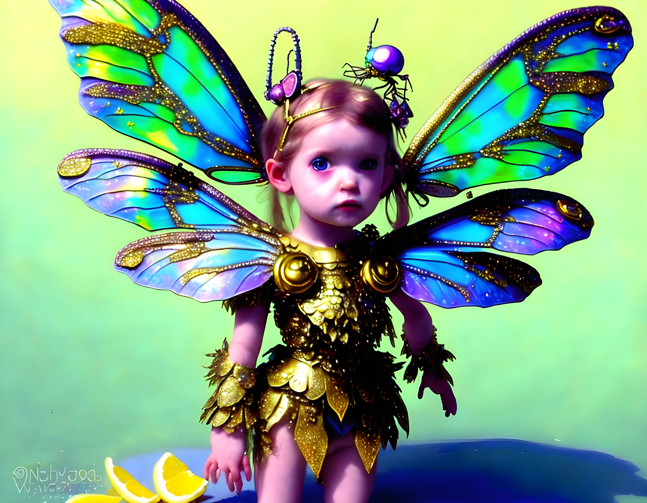 Child in Colorful Butterfly Costume with Golden Accents on Multicolored Backdrop