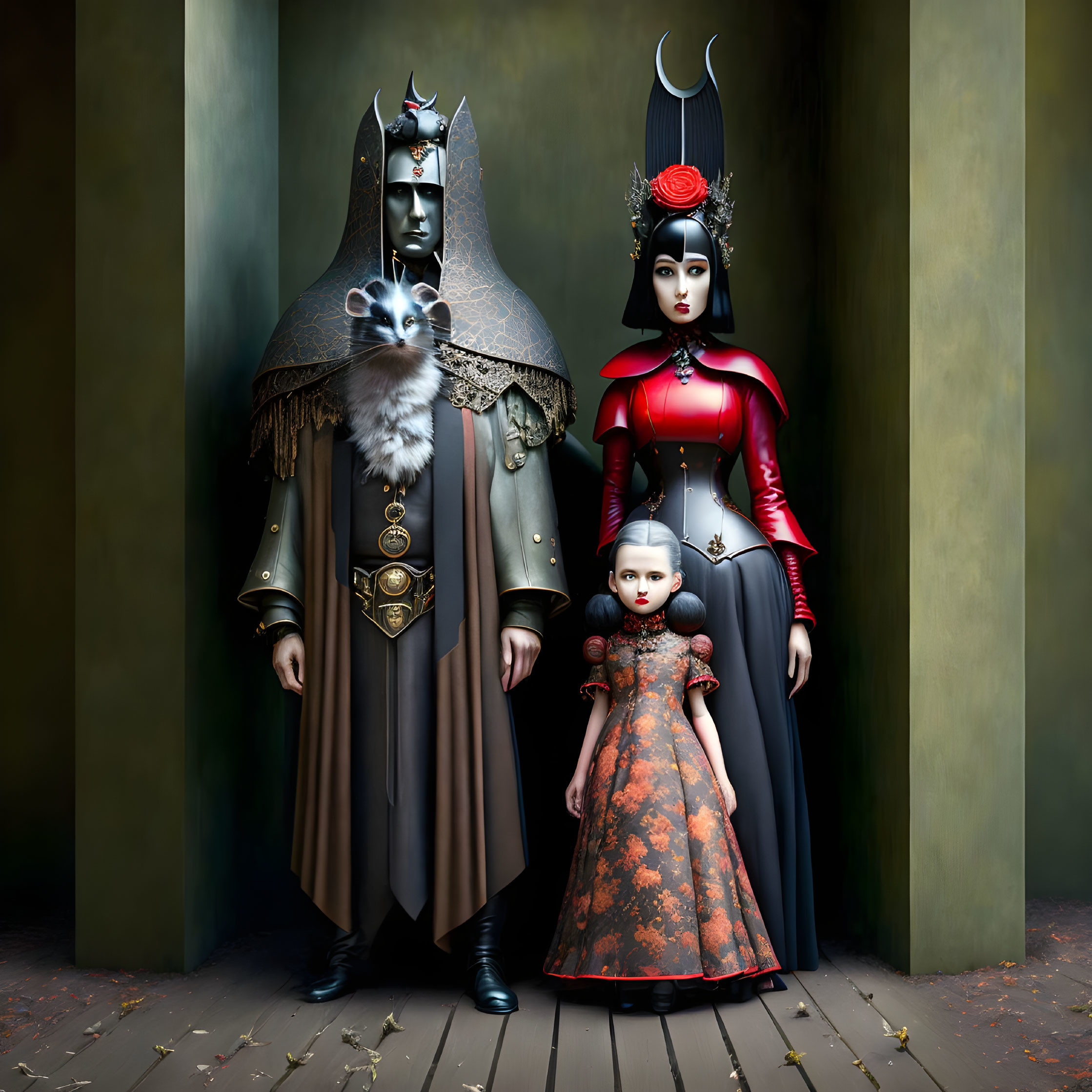 Stylized gothic family portrait with elaborate costumes and somber expressions