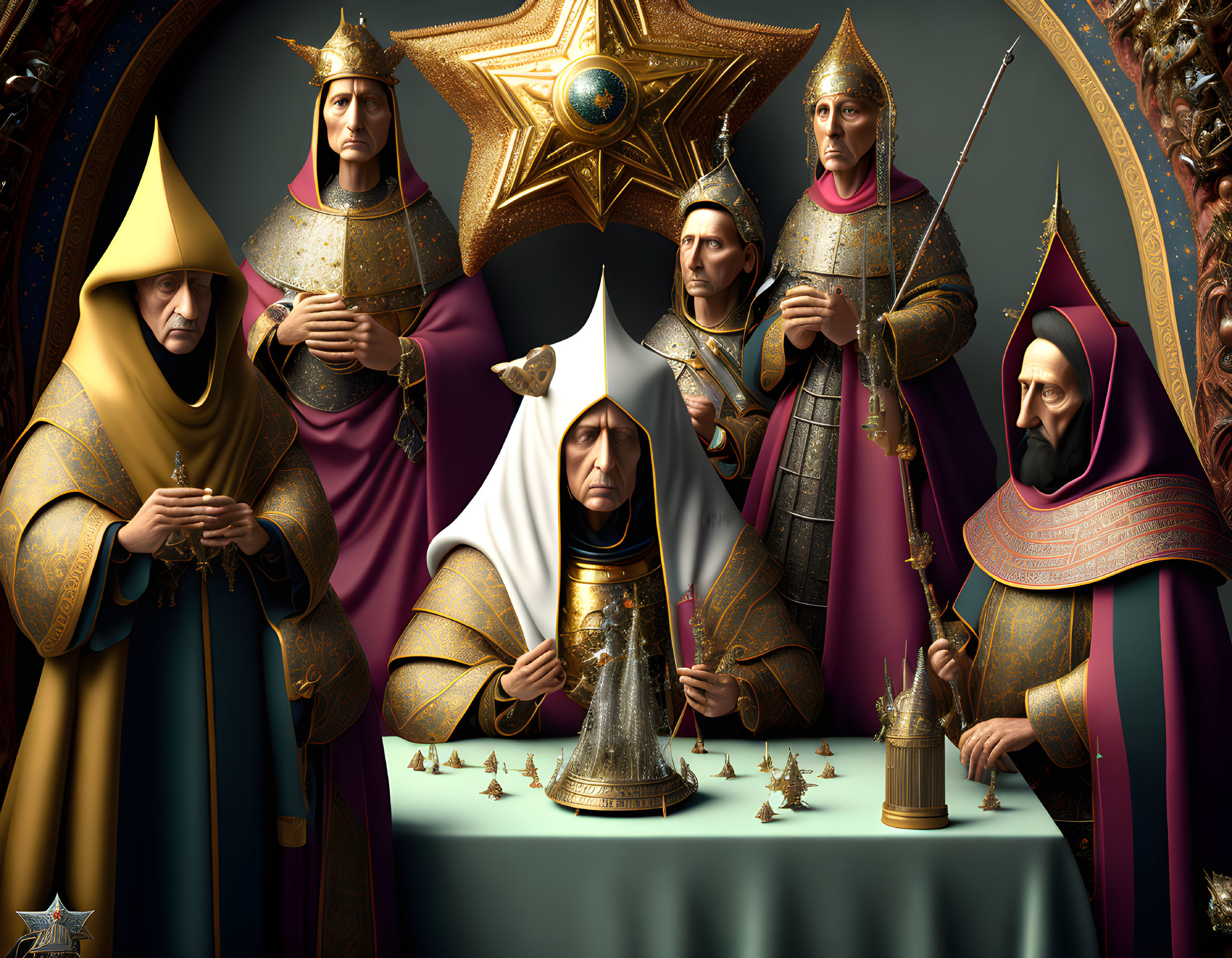 Medieval fantasy art: Five regal figures in golden-trimmed garb on dark background