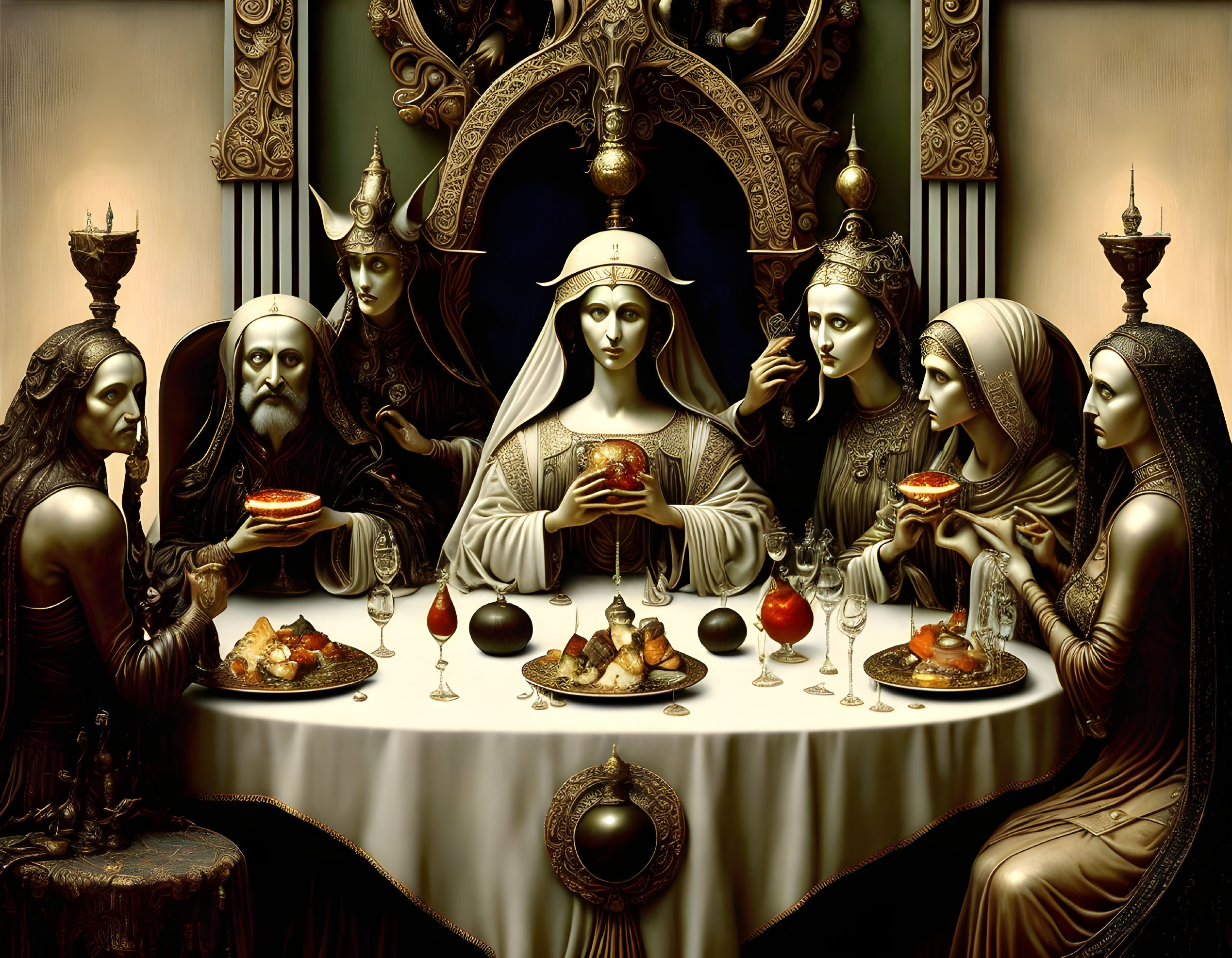 Surreal artwork with Virgin Mary-like figure at banquet table