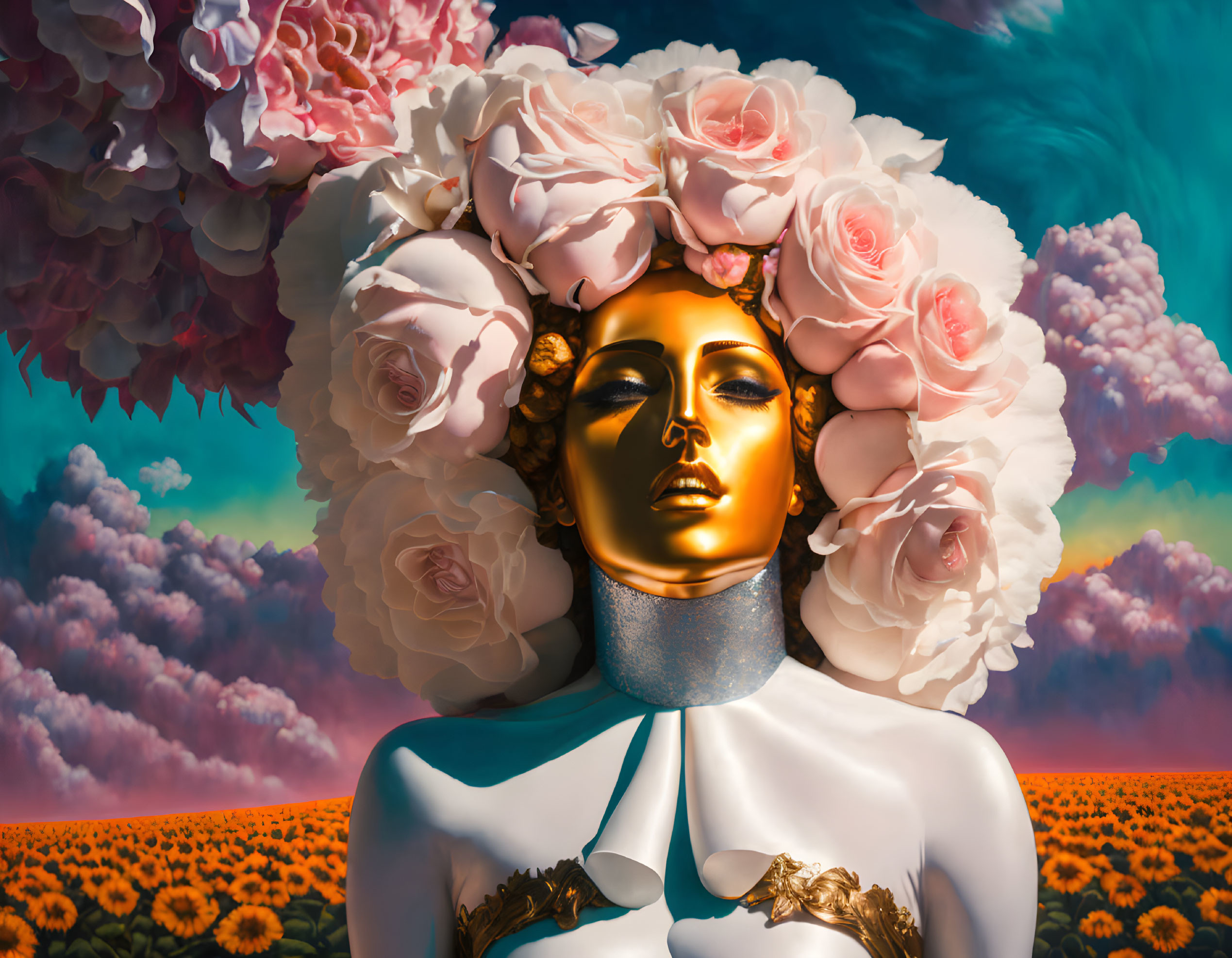 Golden face sculpture with pink roses, fluffy clouds, and sunflowers.