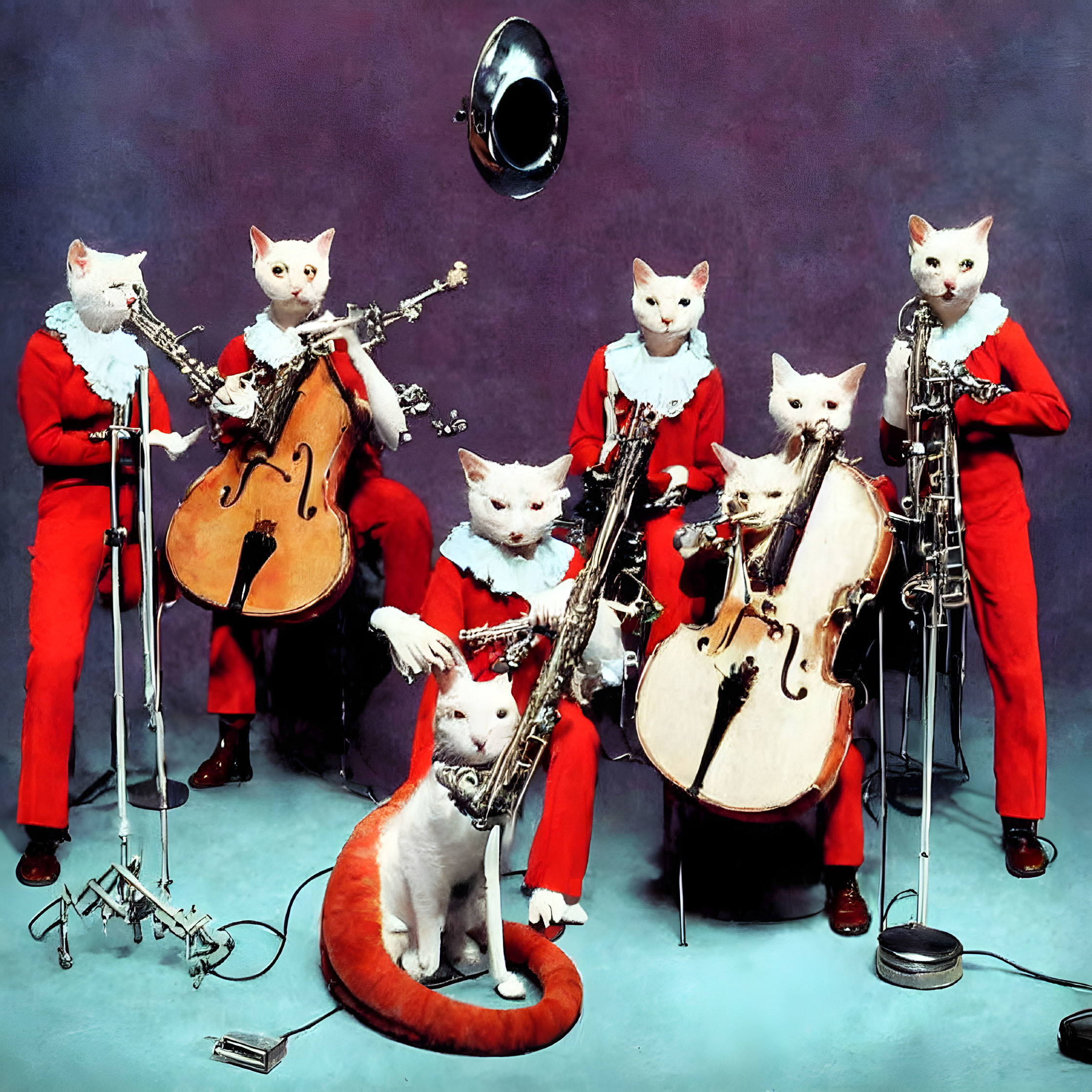 Whimsical image: Cats with human bodies playing instruments in red suits