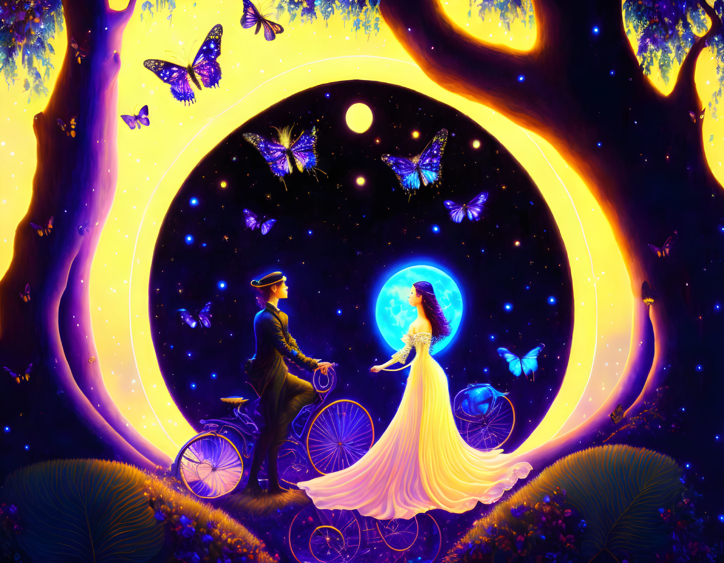 Colorful illustration: man with bicycle and woman in gown surrounded by butterflies under moonlit sky in heart