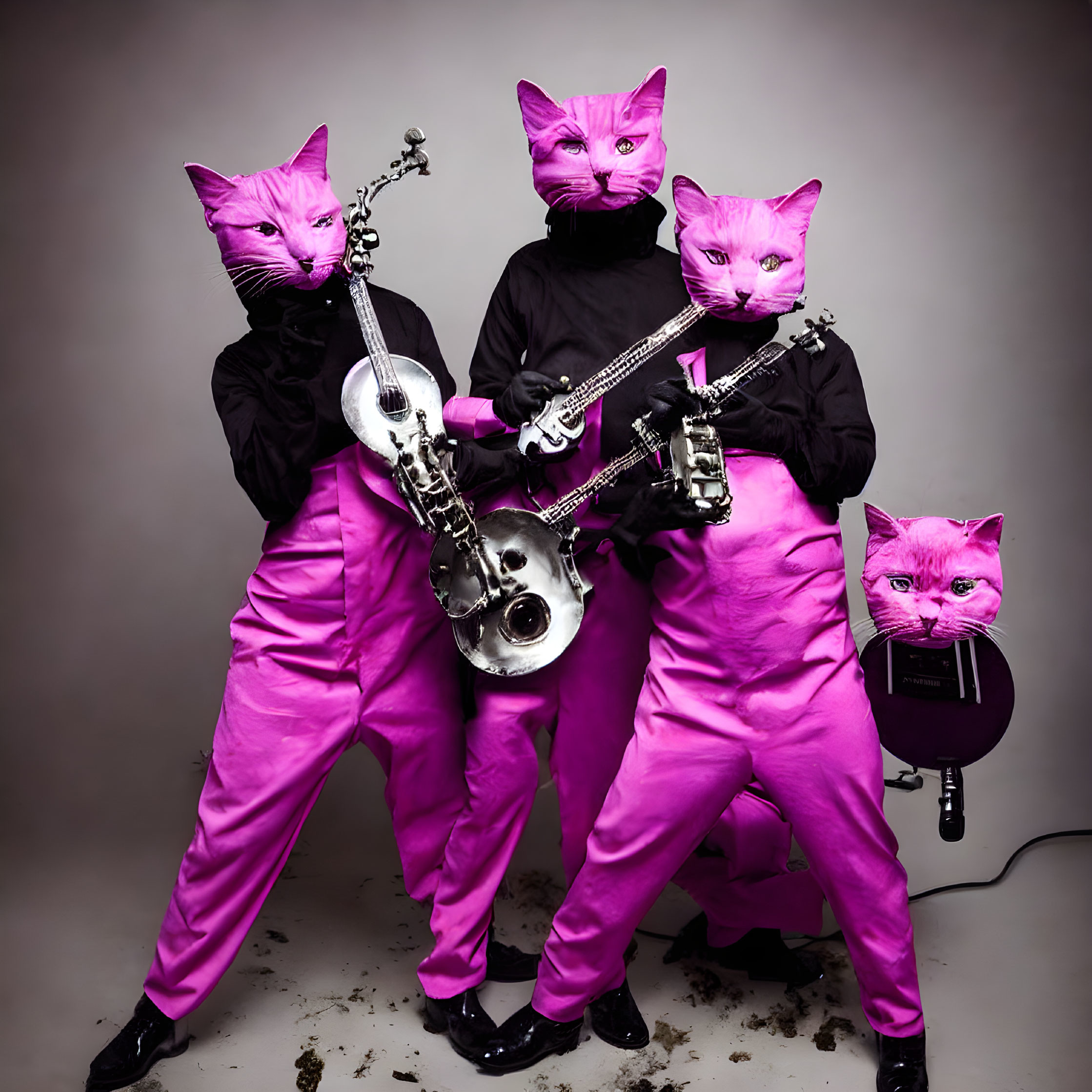 Four individuals in pink attire and cat masks posing with saxophones - quirky, musical theme