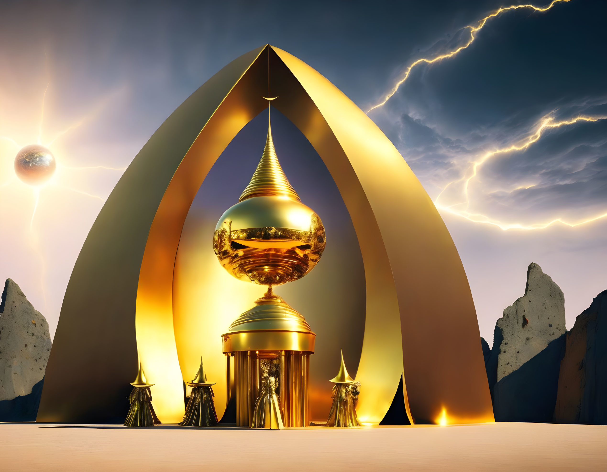 Golden futuristic monument against dramatic sky with lightning and rocky peaks