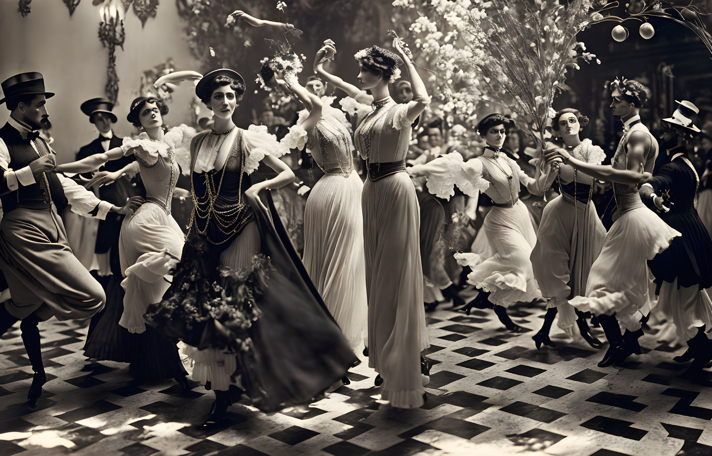 Vintage-themed black and white photo of people dancing in a checkered floor hall with flying flower petals