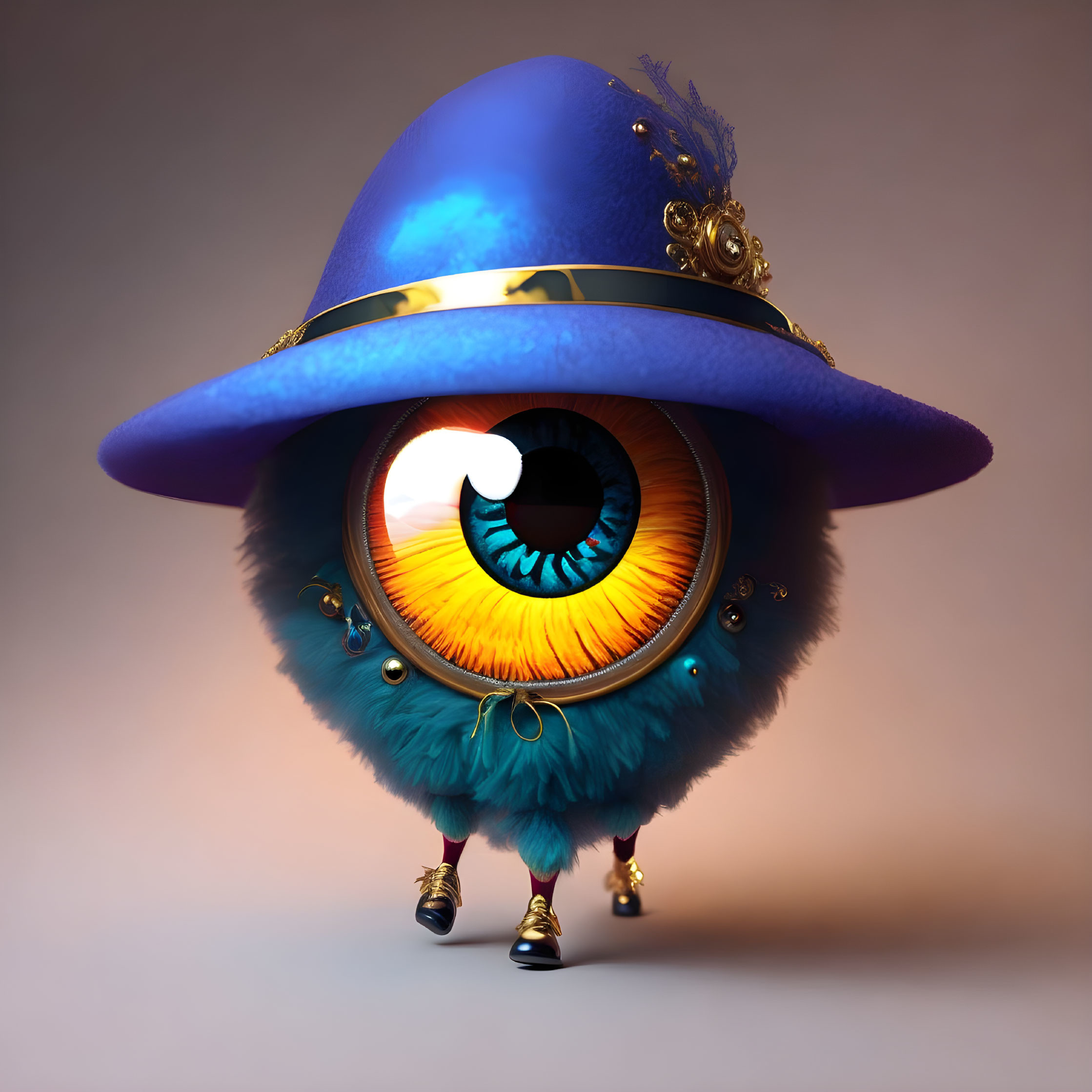 Whimsical 3D character with central eye, blue fur, fancy hat, and brown shoes