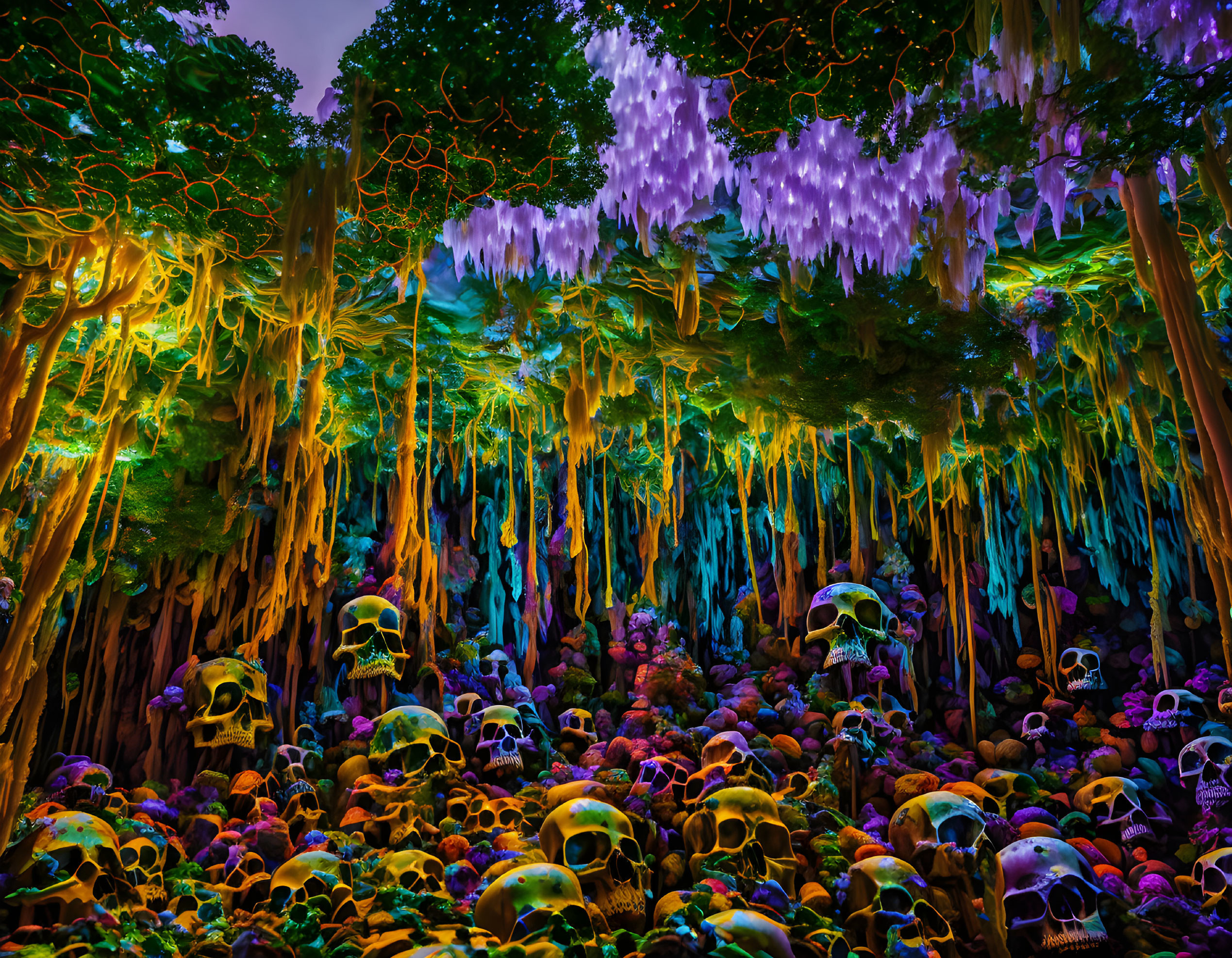 Colorful Glowing Foliage & Skull Carpet in Surreal Forest