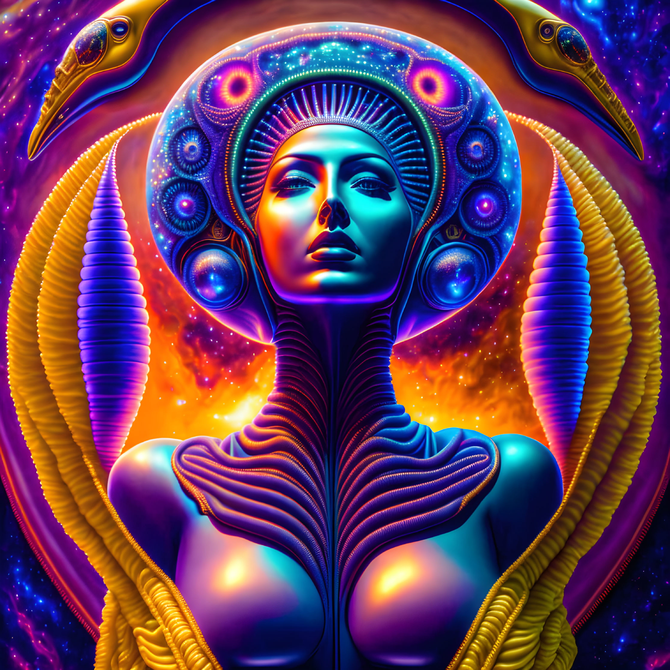 Colorful digital artwork: cosmic entity with humanoid face, serpentine creatures, starry space.