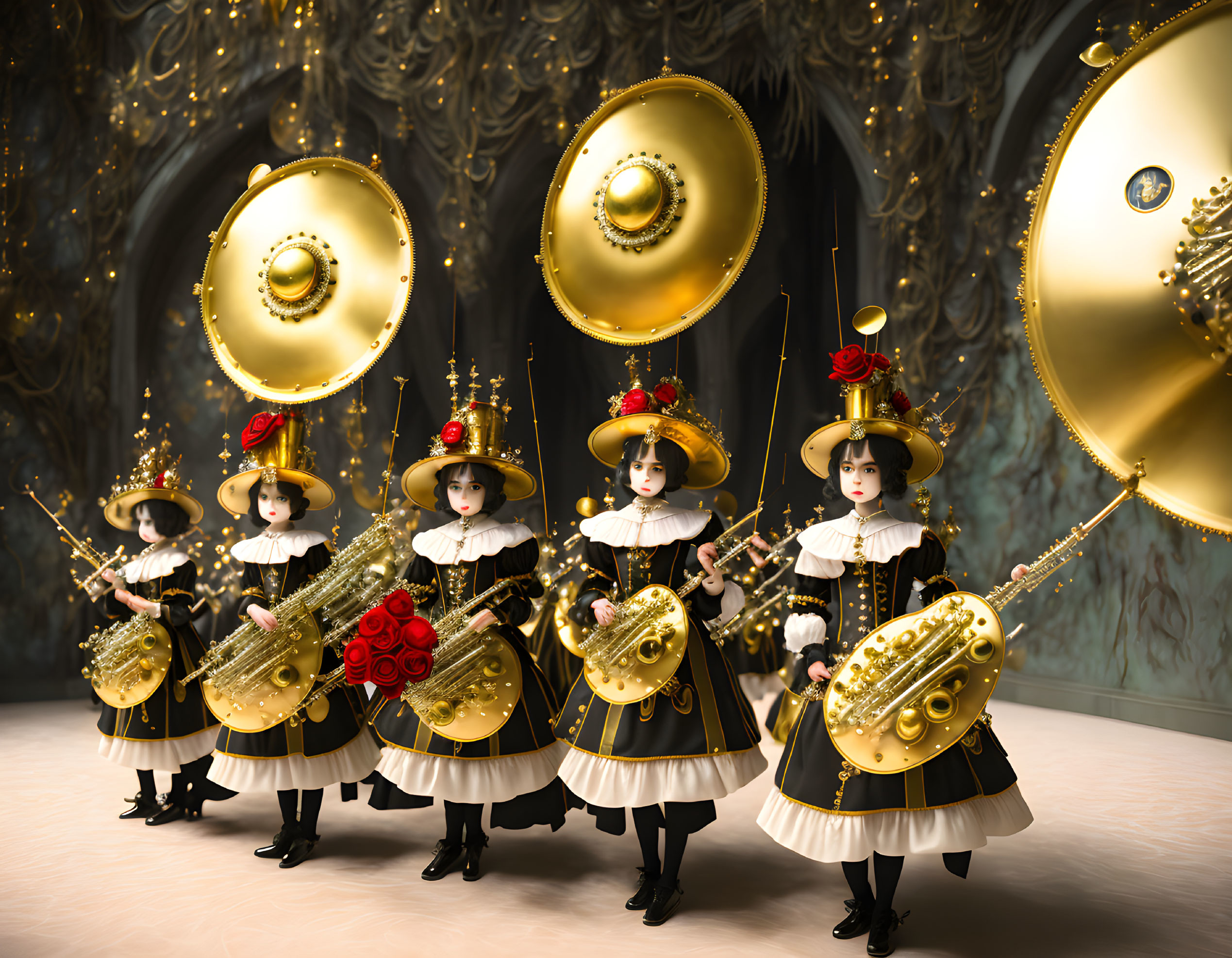 Ornately Dressed Characters with Brass Instruments in Baroque Room