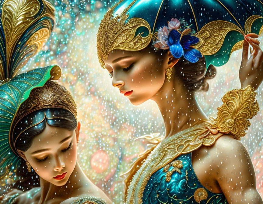 Elaborate Fantasy Costumes with Golden Headpieces on Two Women