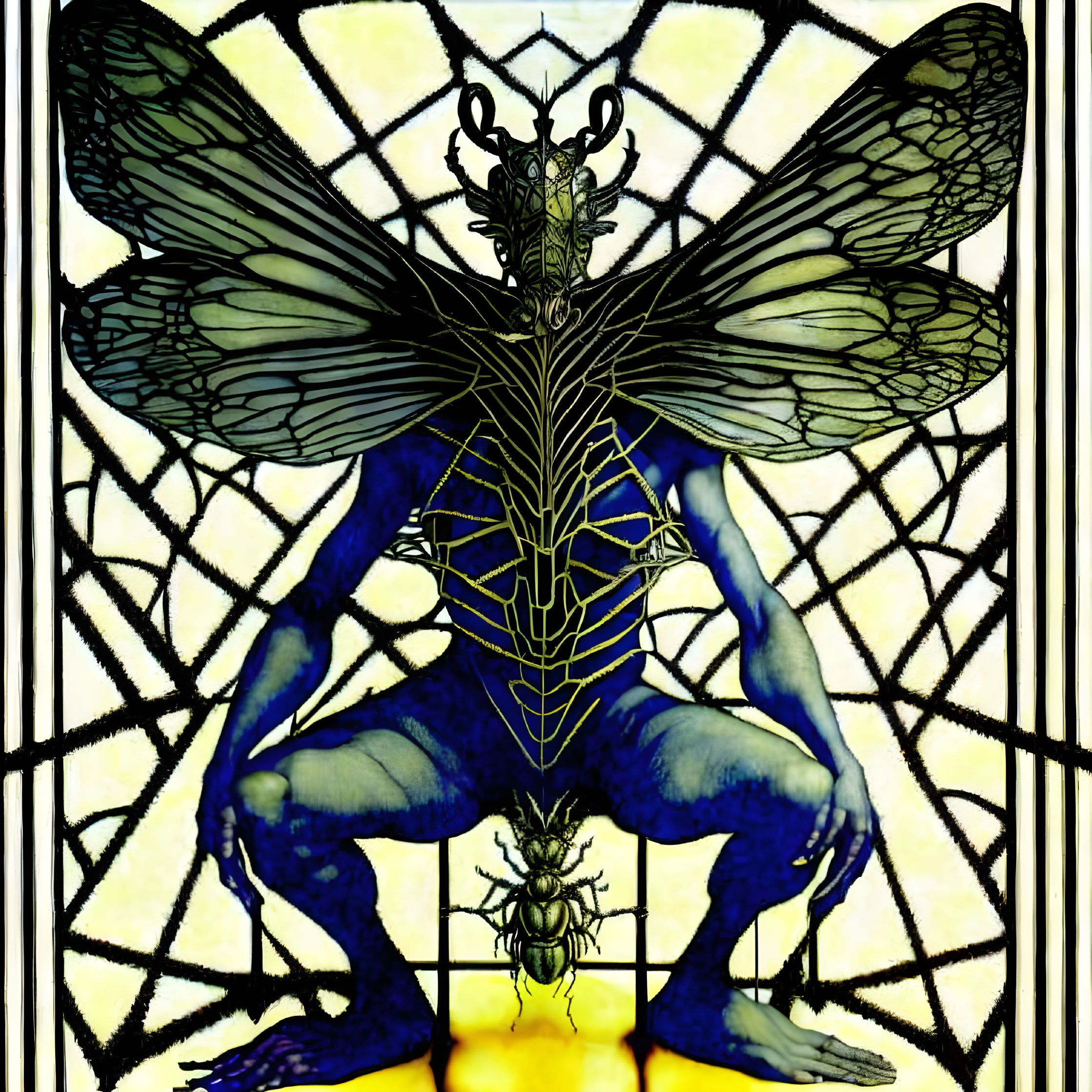 Butterfly-winged creature with human body in front of stained-glass window