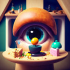 Surreal Giant Eye Artwork on Table with Whimsical Objects