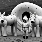 Monochromatic beach scene with person in dotted costume and horse head sculptures