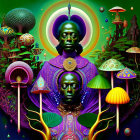 Colorful Psychedelic Artwork: Mirrored Figures, Bioluminescent Mushrooms, Gl