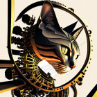 Surreal golden mechanical cat's head with clockwork gears on light background