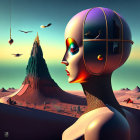 Futuristic female android head in surreal fantasy landscape