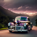 Vintage car driving on mountain road under dramatic cloudy sky