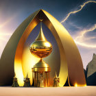 Golden futuristic monument against dramatic sky with lightning and rocky peaks