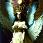 Regal figure with wings, crown, and scepter on dark background