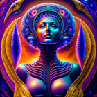 Colorful digital artwork: cosmic entity with humanoid face, serpentine creatures, starry space.