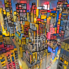 Colorful Abstract Cityscape with Illuminated Skyscrapers at Night