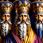 Three identical figures with ornate golden headdresses and richly colored robes on a dark background.