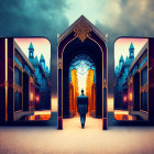 Man in suit at arch-shaped portal to surreal landscape with castle under dramatic sky