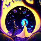 Colorful illustration: man with bicycle and woman in gown surrounded by butterflies under moonlit sky in heart