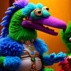 Vibrant costumed character with blue and green feathers and purple beak.