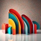 Vibrant 3D paper arches in red, orange, and blue hues on a dotted