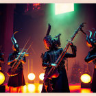 Elaborate horned costumes on string instrument players in moody stage setting