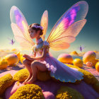 Colorful Fairy with Translucent Wings Surrounded by Lemons and Bees