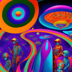 Colorful psychedelic space travelers with vibrant planets