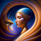 Surrealistic Woman Profile Artwork with Cosmic Backdrop and Spirals in Warm Color Palette