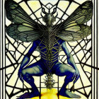 Butterfly-winged creature with human body in front of stained-glass window