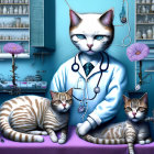 Anthropomorphic cat in doctor's coat with stethoscope surrounded by natural cats in clinic setting with