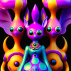 Colorful digital art featuring three stylized creatures with large eyes and bunny-like ears on a dark backdrop