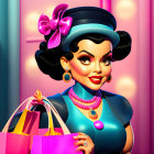 Glamorous Woman 3D Illustration with Exaggerated Features and Shopping Bags on Pink Background