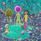 Psychedelic illustration of three characters in alien landscape