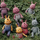 Six Worn Teletubbies Plush Toys on Green Background