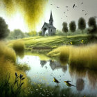 Tranquil landscape with church, greenery, pond, birds, and butterflies