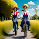 Vintage attired women on bicycles by clock tower and yellow flowers