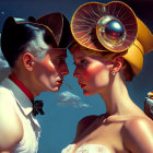 Stylized female figures with elaborate headpieces under clouded sky